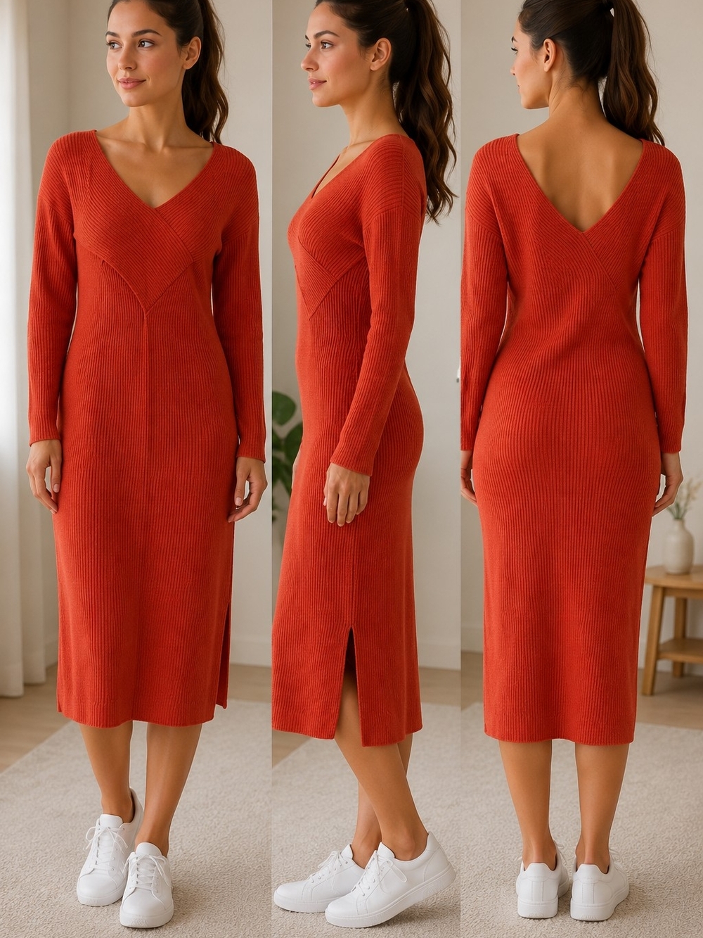 French Connection Rust Ribbed V-Neck Midi Sweater Dress